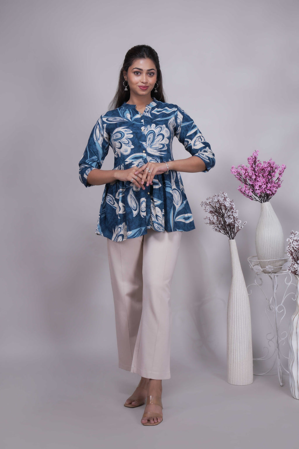 Women's Indigo Floral Printed Peplum Tunic