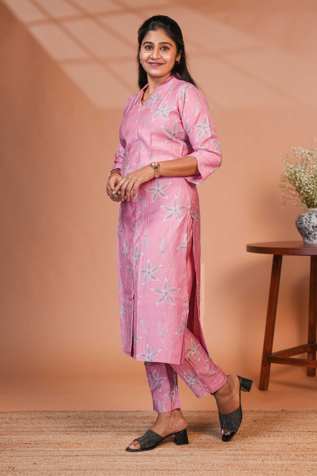 A Longline Shirt-Style Kurta Deep Magenta Pink Botanical design Kurti