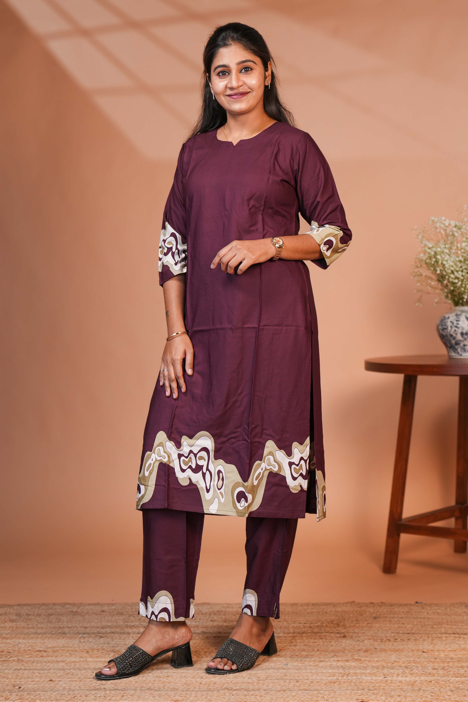 The Outfit Features a Rich Solid Wine-Maroon Base Colour Co- Ord set.