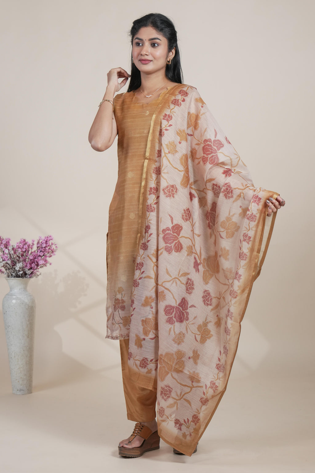 Elegant Mustard Chanderi Silk Blend Set with Floral Print Dupatta