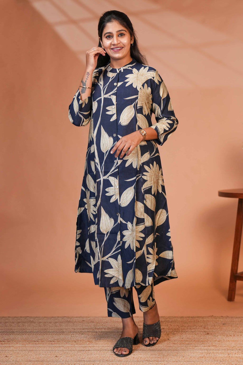 The Base is a Deep, midnight blue/indigo Co-Ord set Model Kurti