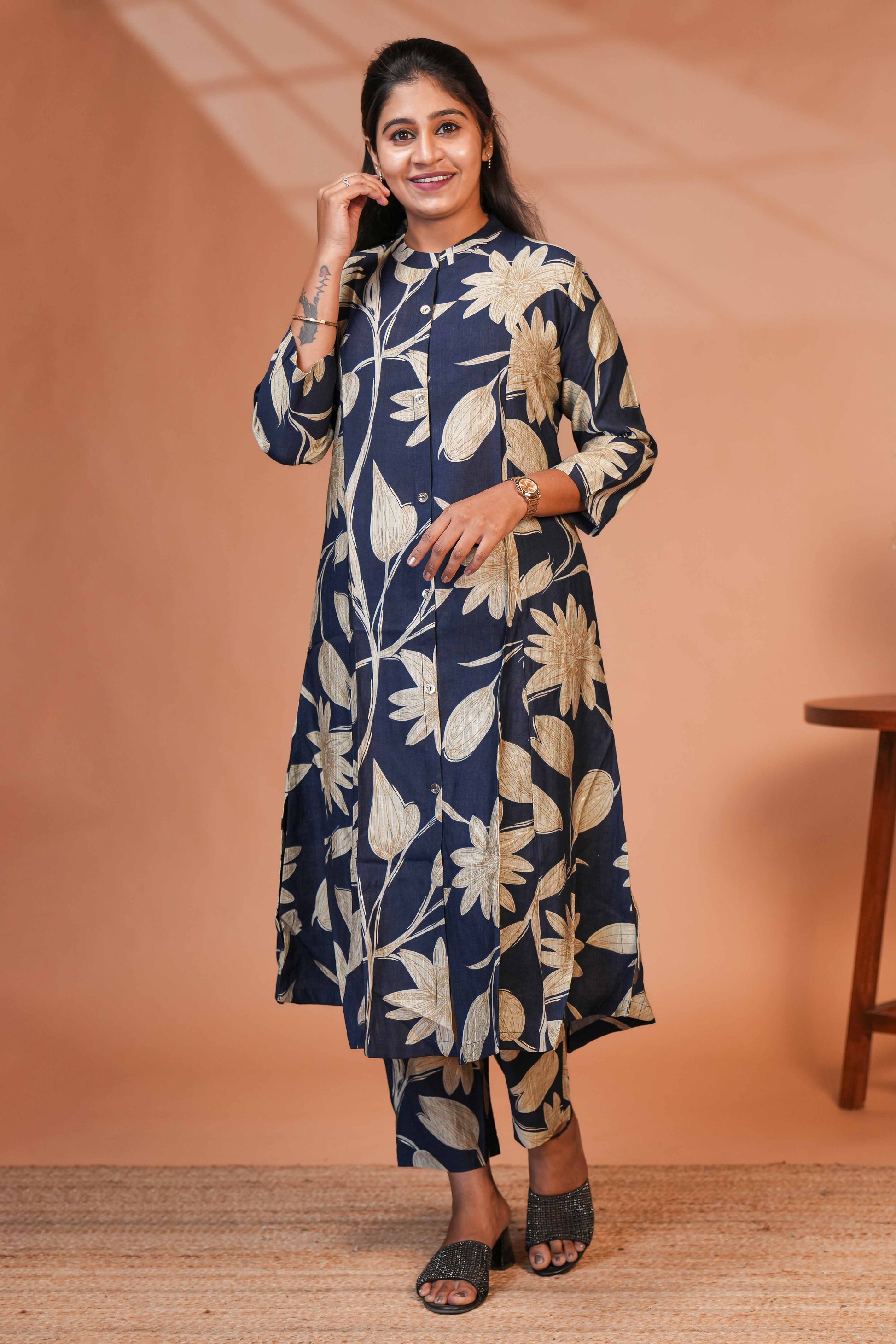 The Base is a Deep, midnight blue/indigo Co-Ord set Model Kurti