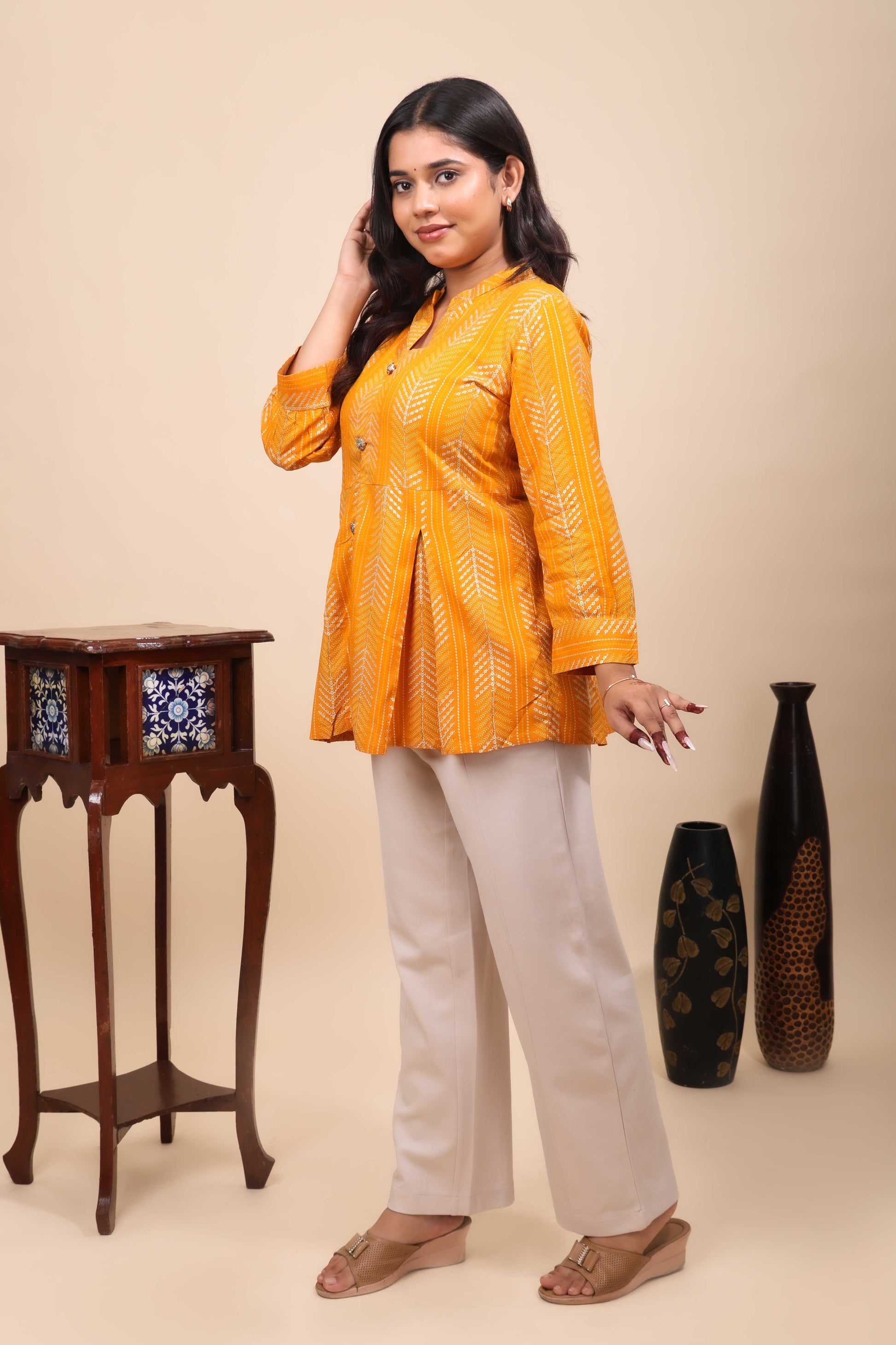 Mustard Yellow Chevron Print Pleated Peplum Tunic Top