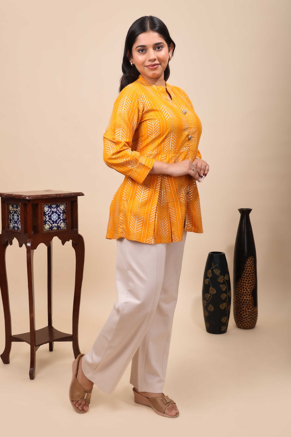 Mustard Yellow Chevron Print Pleated Peplum Tunic Top