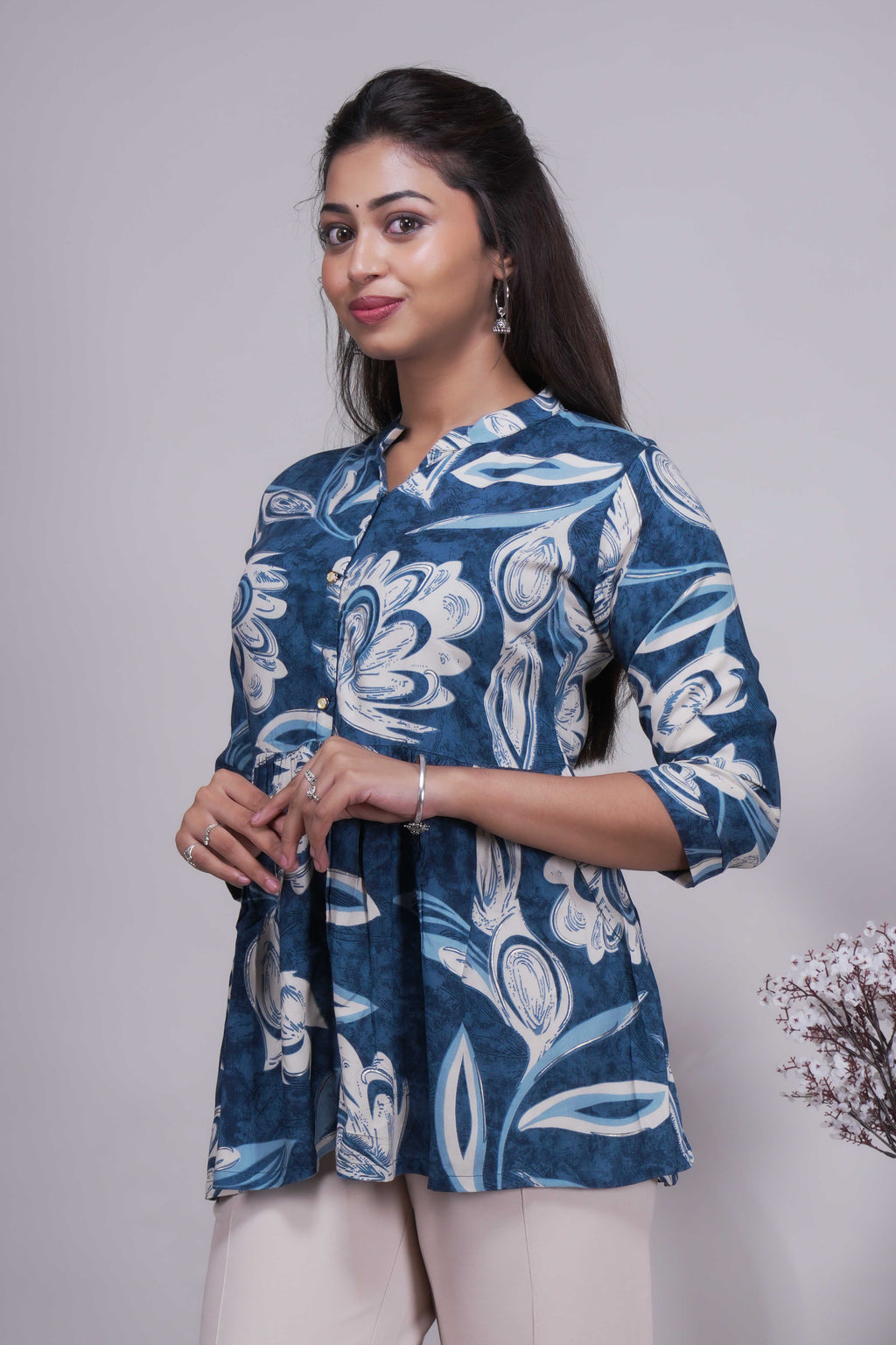 Women's Indigo Floral Printed Peplum Tunic