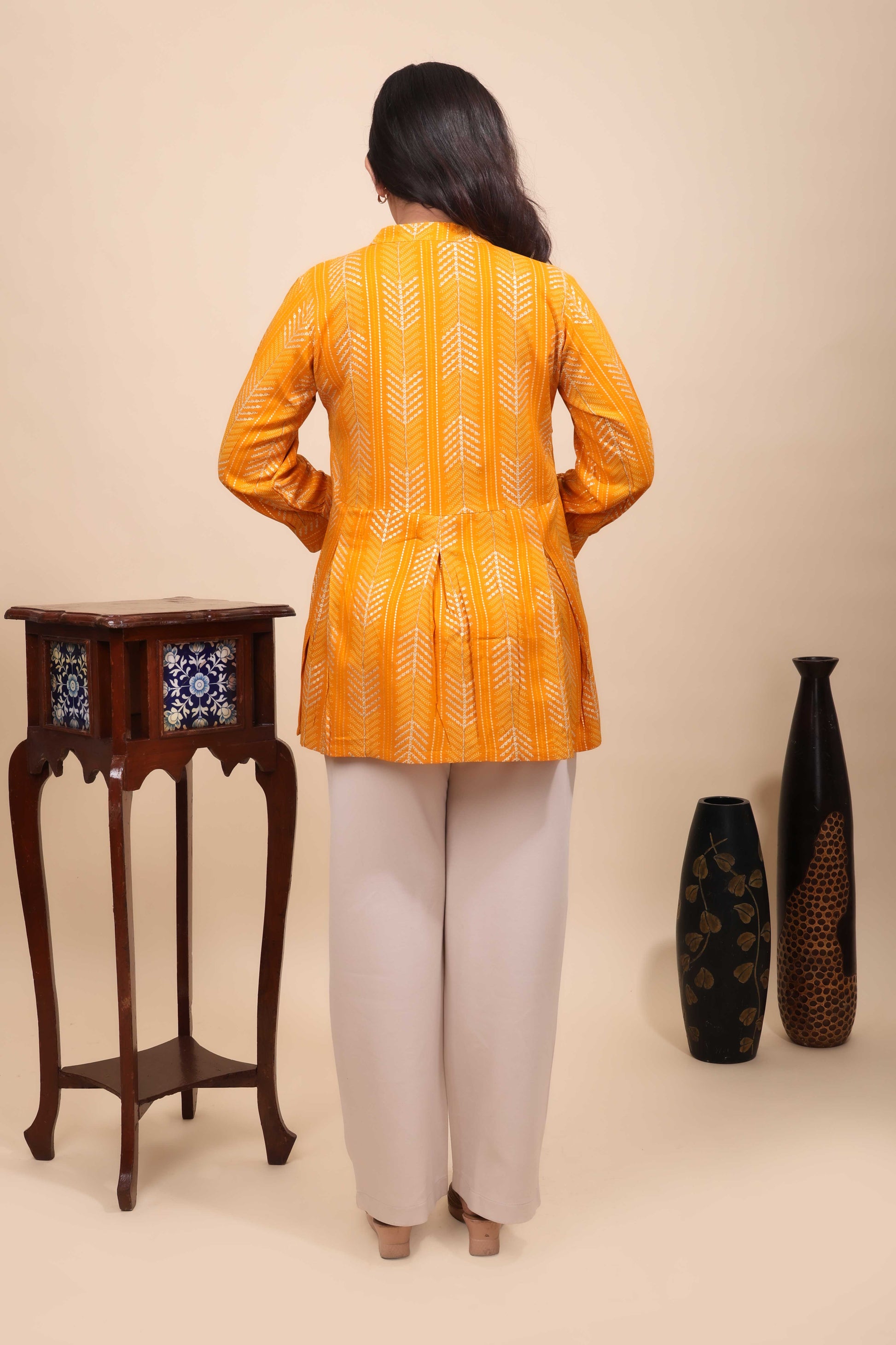 Mustard Yellow Chevron Print Pleated Peplum Tunic Top