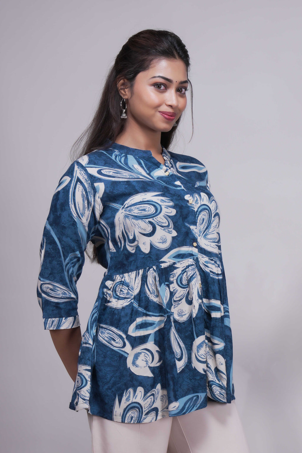Women's Indigo Floral Printed Peplum Tunic