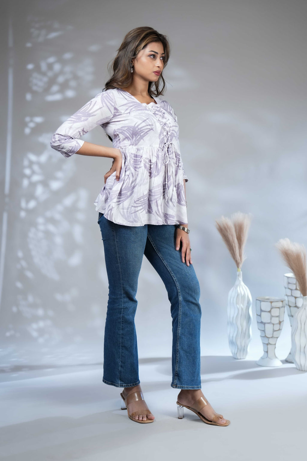 Women's Lavender Leaf Print Lace-Up Peplum Tunic Top