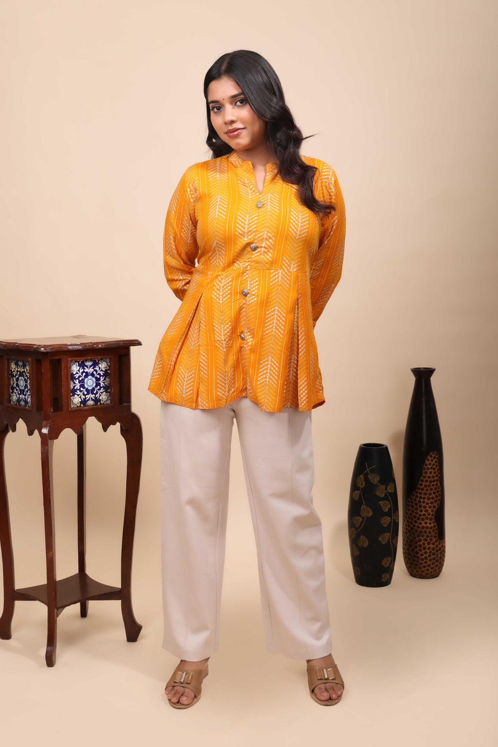Mustard Yellow Chevron Print Pleated Peplum Tunic Top