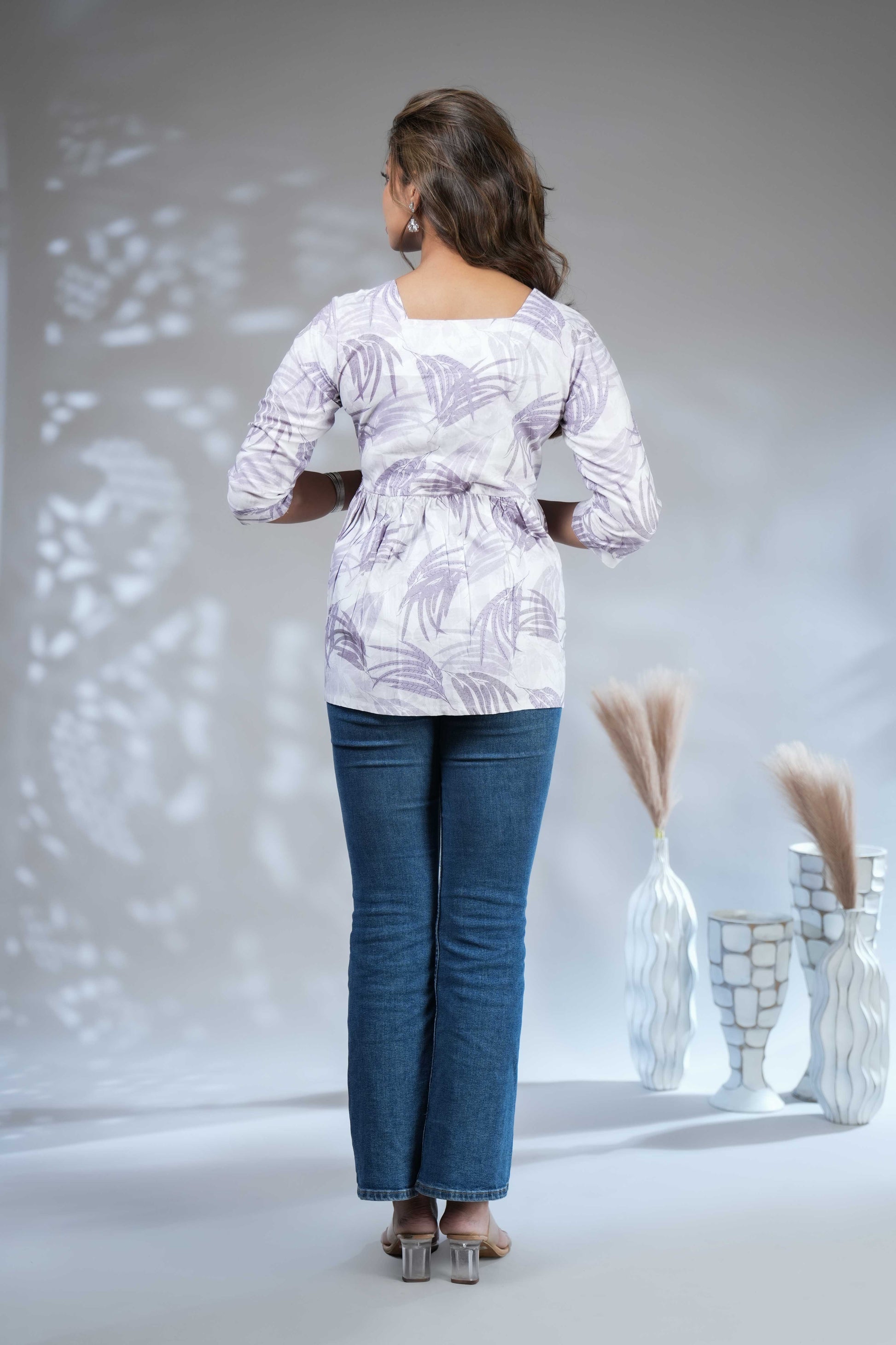 Women's Lavender Leaf Print Lace-Up Peplum Tunic Top