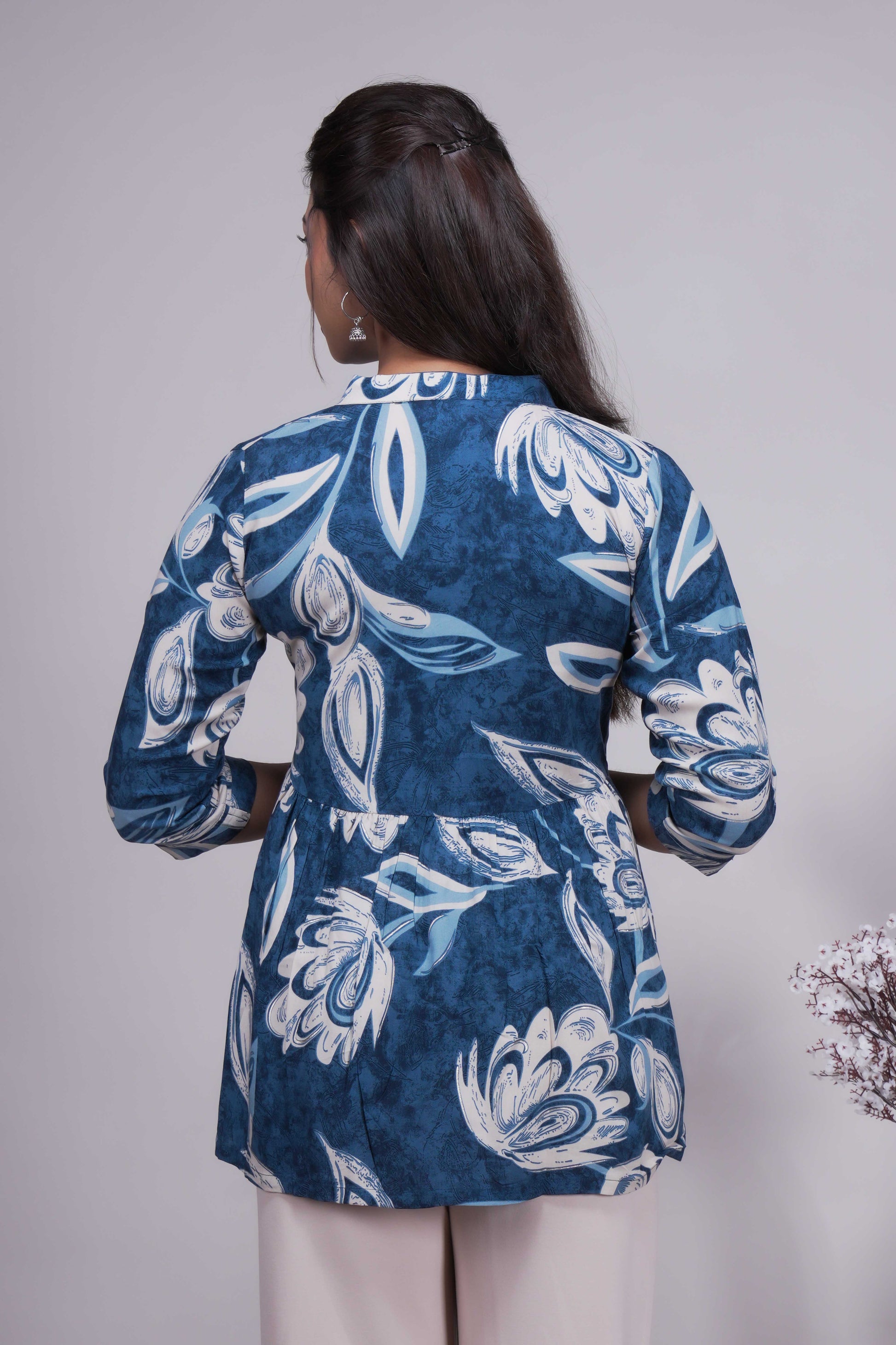 Women's Indigo Floral Printed Peplum Tunic