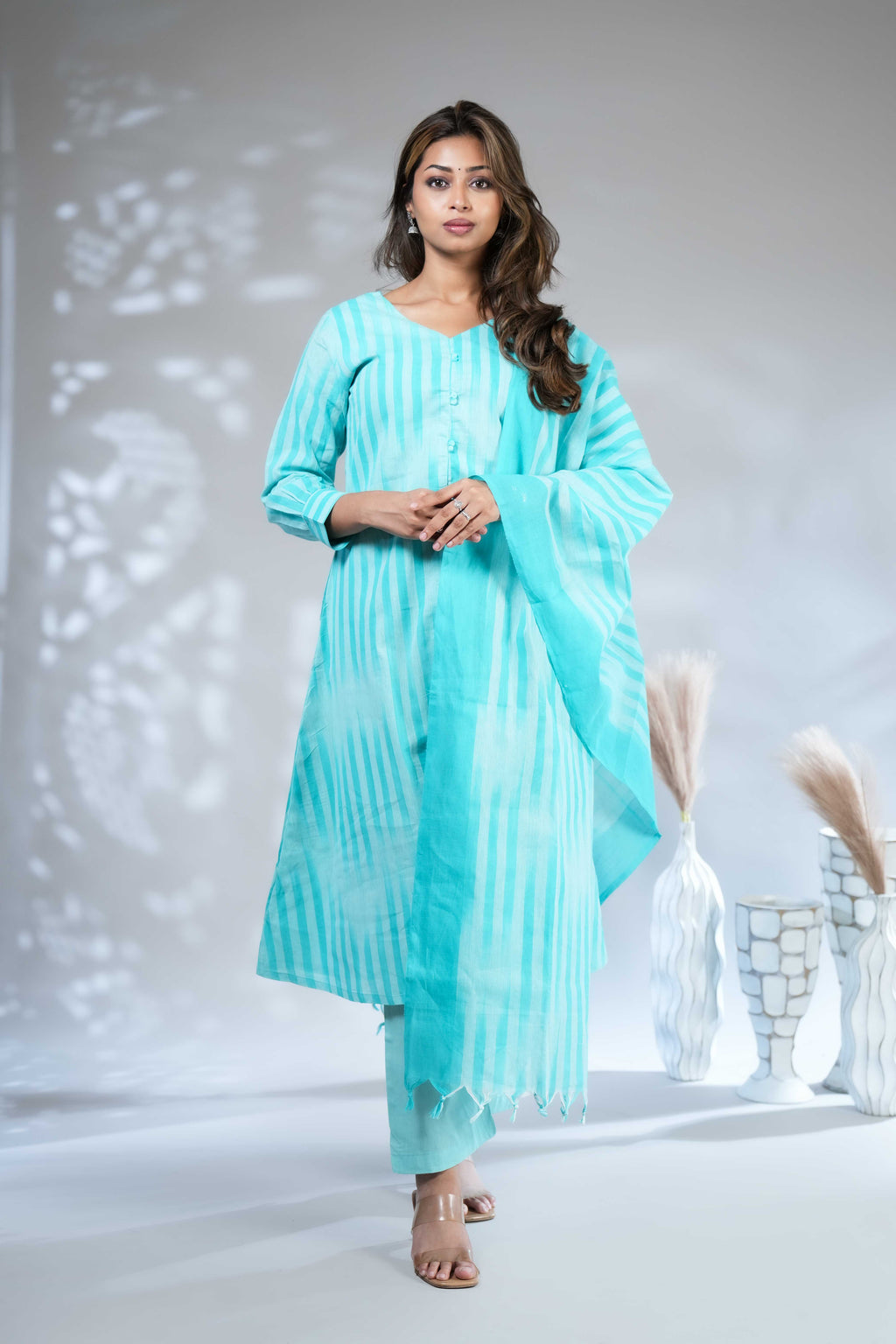 Turquoise Striped A-Line Kurta Set with Dupatta