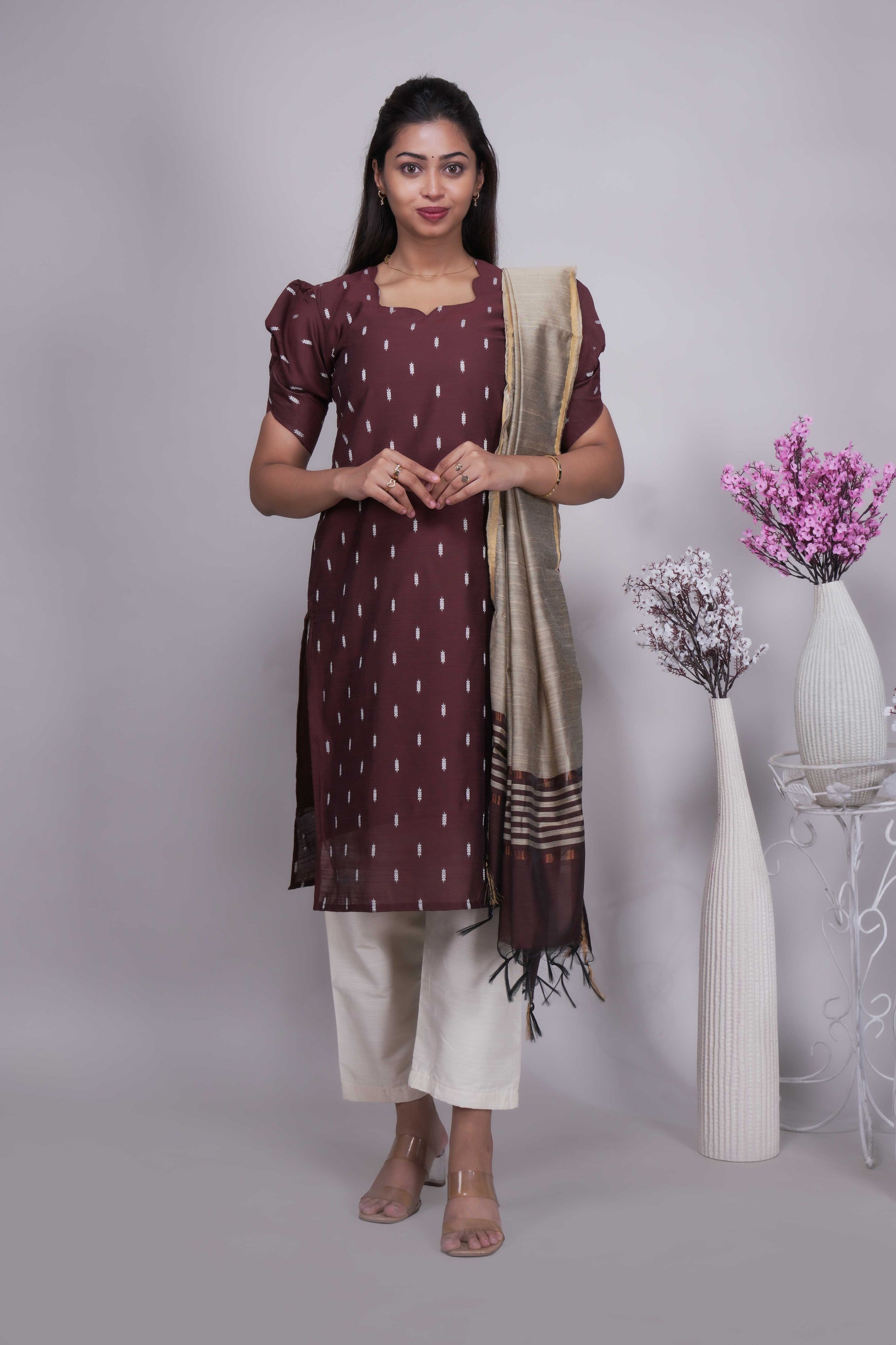 Women's Woven Buti Maroon Kurta Set with Dupatta