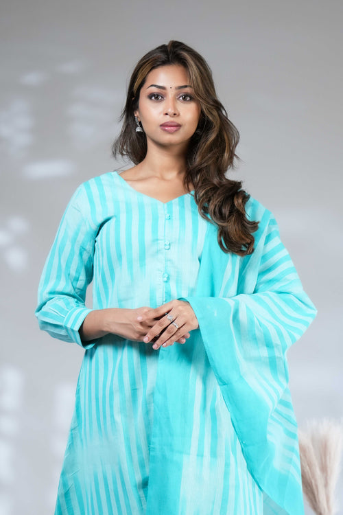 Turquoise Striped A-Line Kurta Set with Dupatta