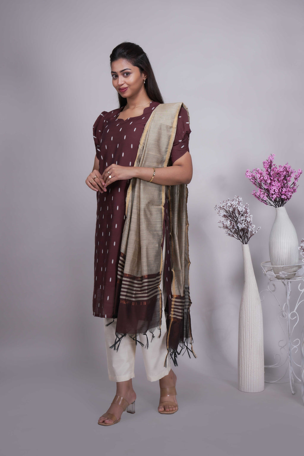 Women's Woven Buti Maroon Kurta Set with Dupatta