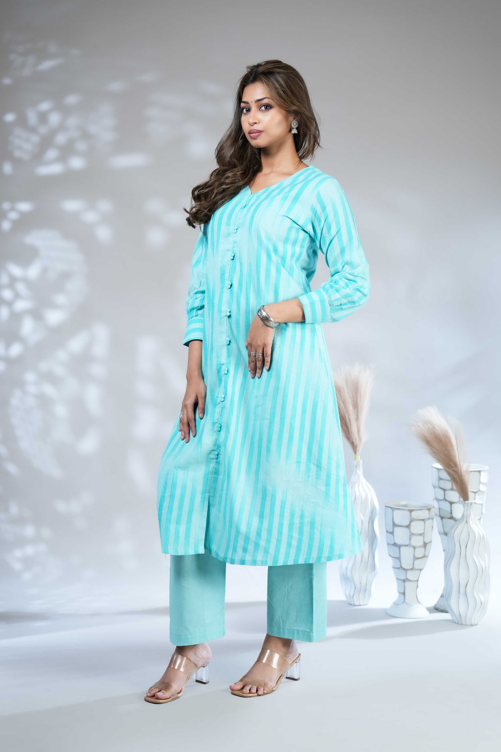 Turquoise Striped A-Line Kurta Set with Dupatta