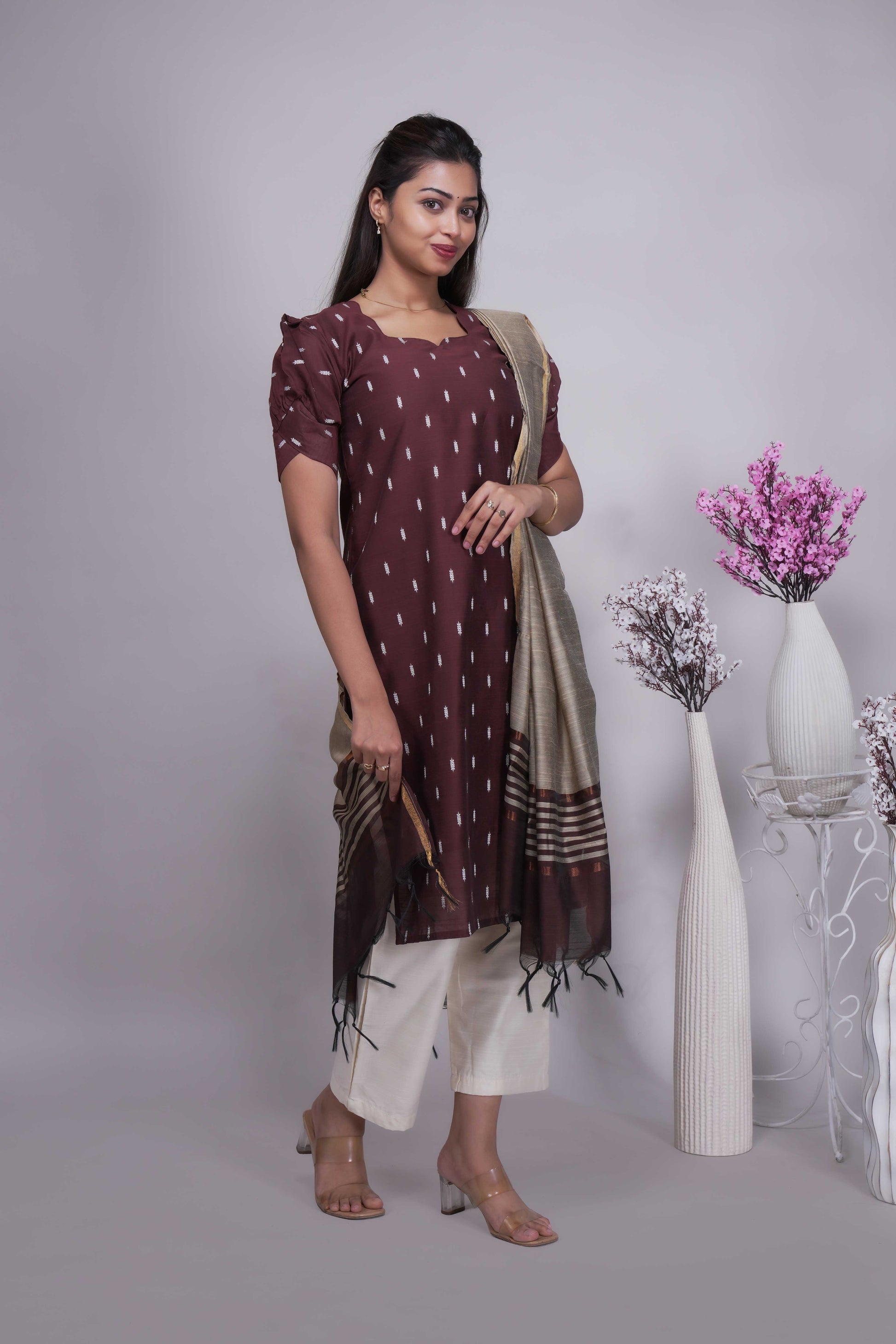 Women's Woven Buti Maroon Kurta Set with Dupatta