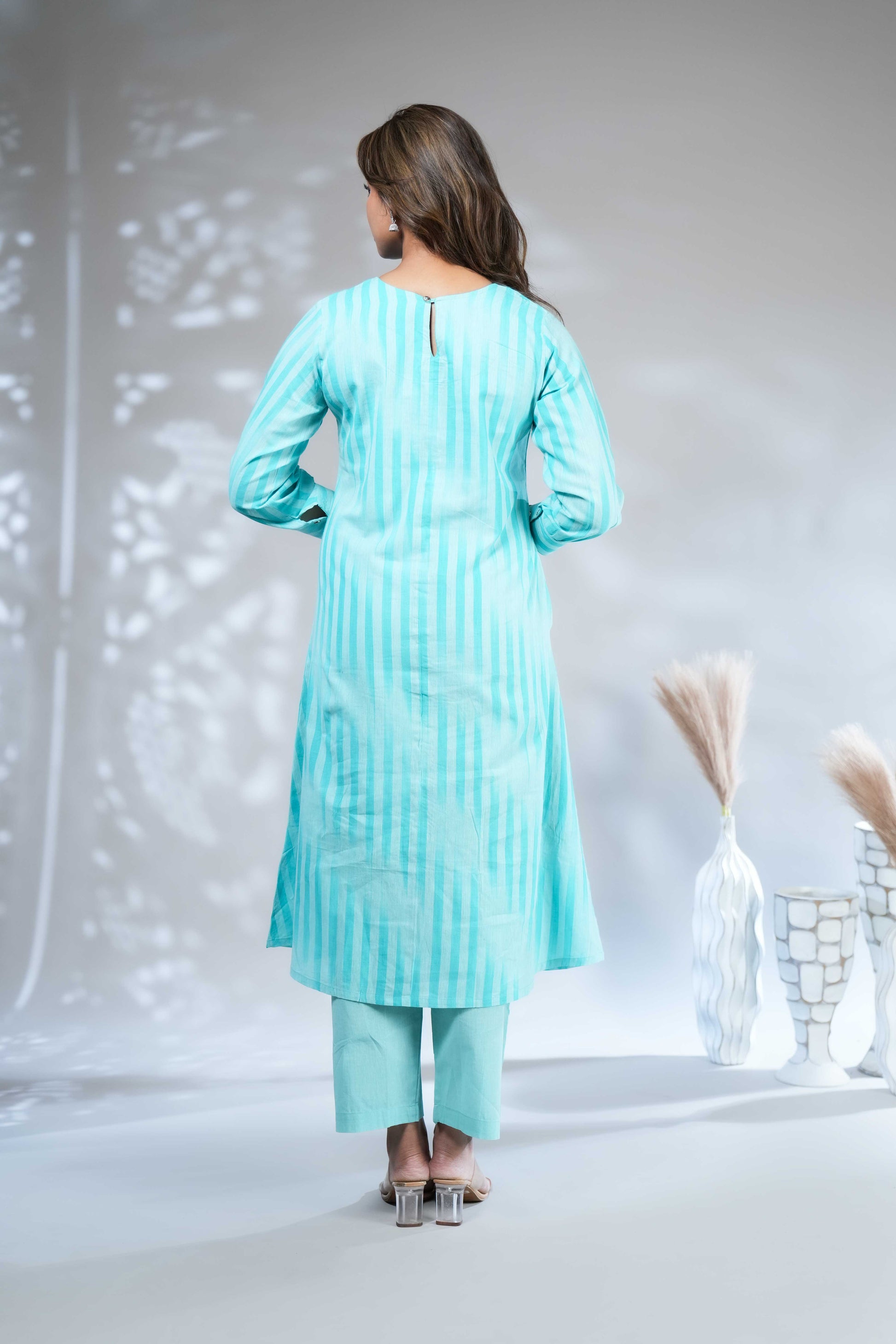 Turquoise Striped A-Line Kurta Set with Dupatta