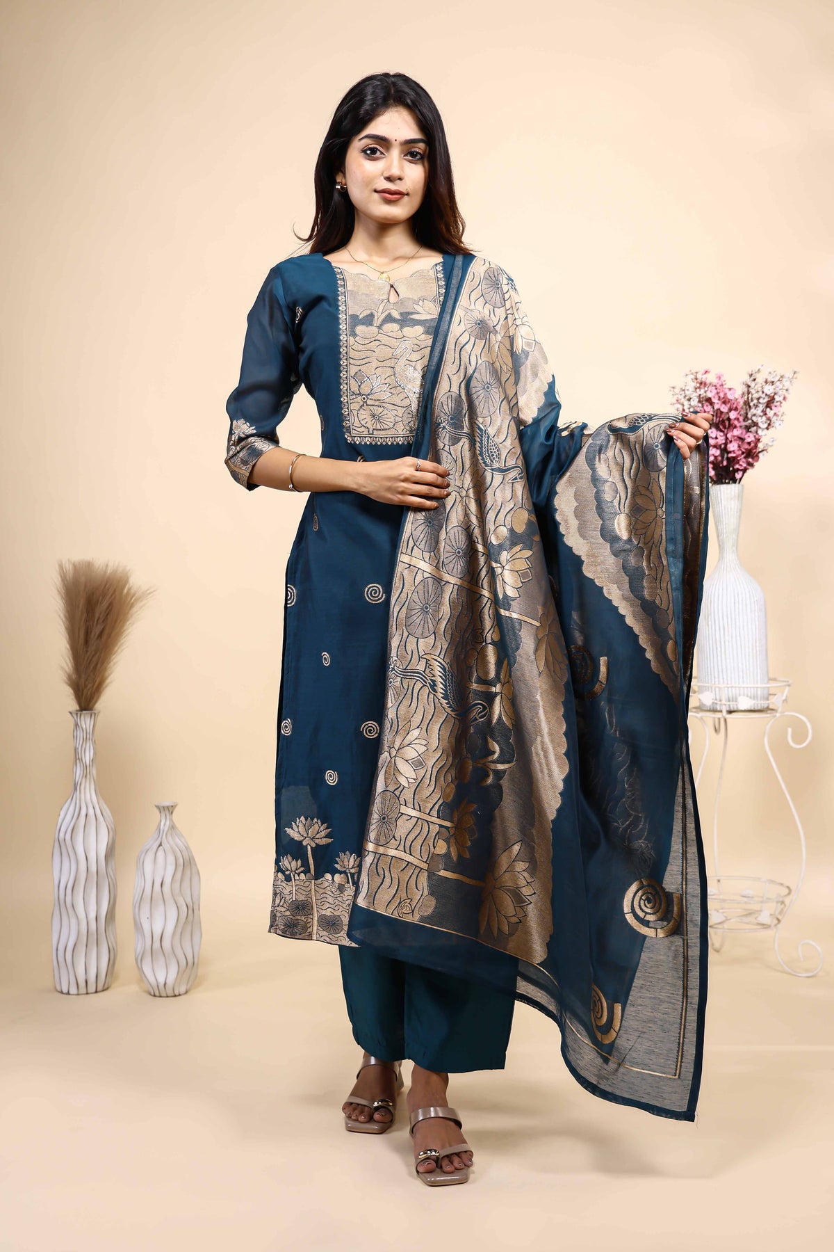 Elegant Teal Blue Woven Set with Jacquard Dupatta