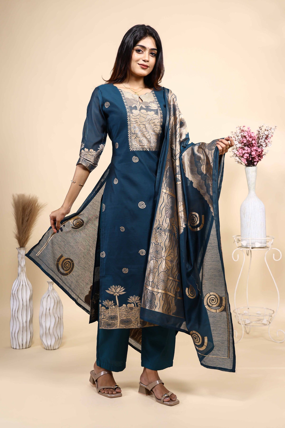 Elegant Teal Blue Woven Set with Jacquard Dupatta