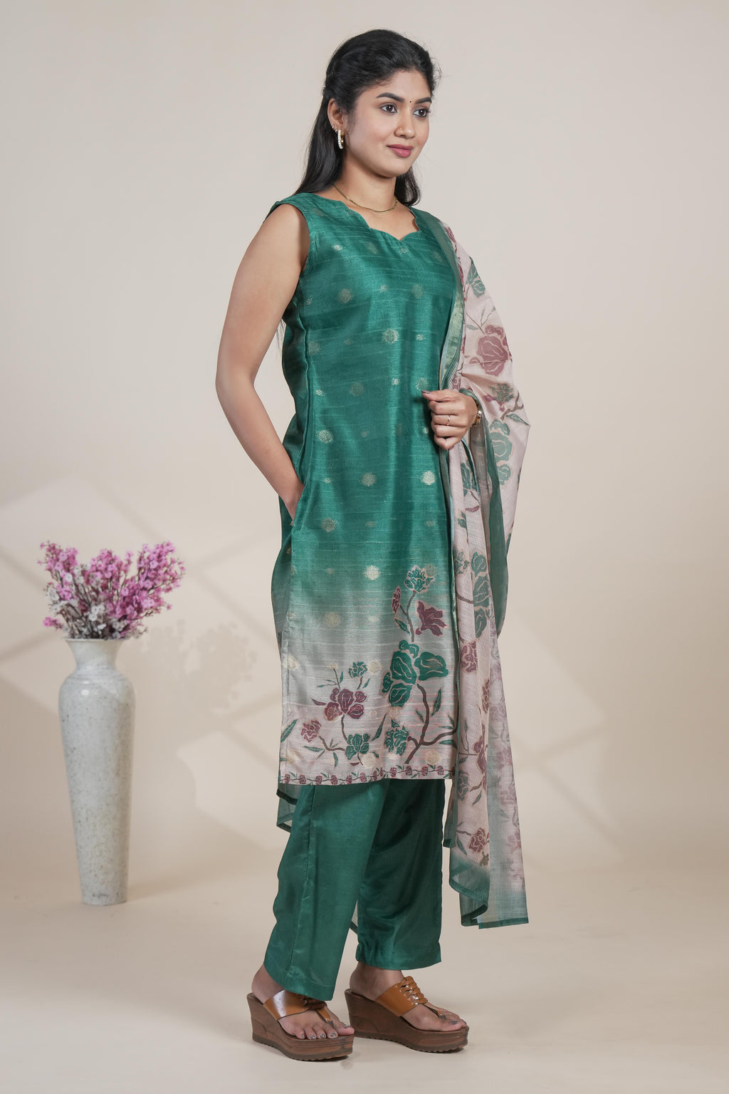 Elegant Emerald Green Suit Set with Floral Printed Dupatta