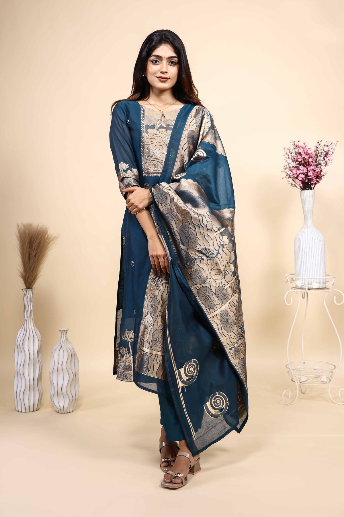 Elegant Teal Blue Woven Set with Jacquard Dupatta