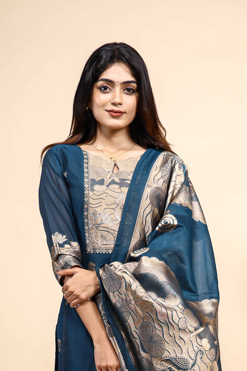 Elegant Teal Blue Woven Set with Jacquard Dupatta