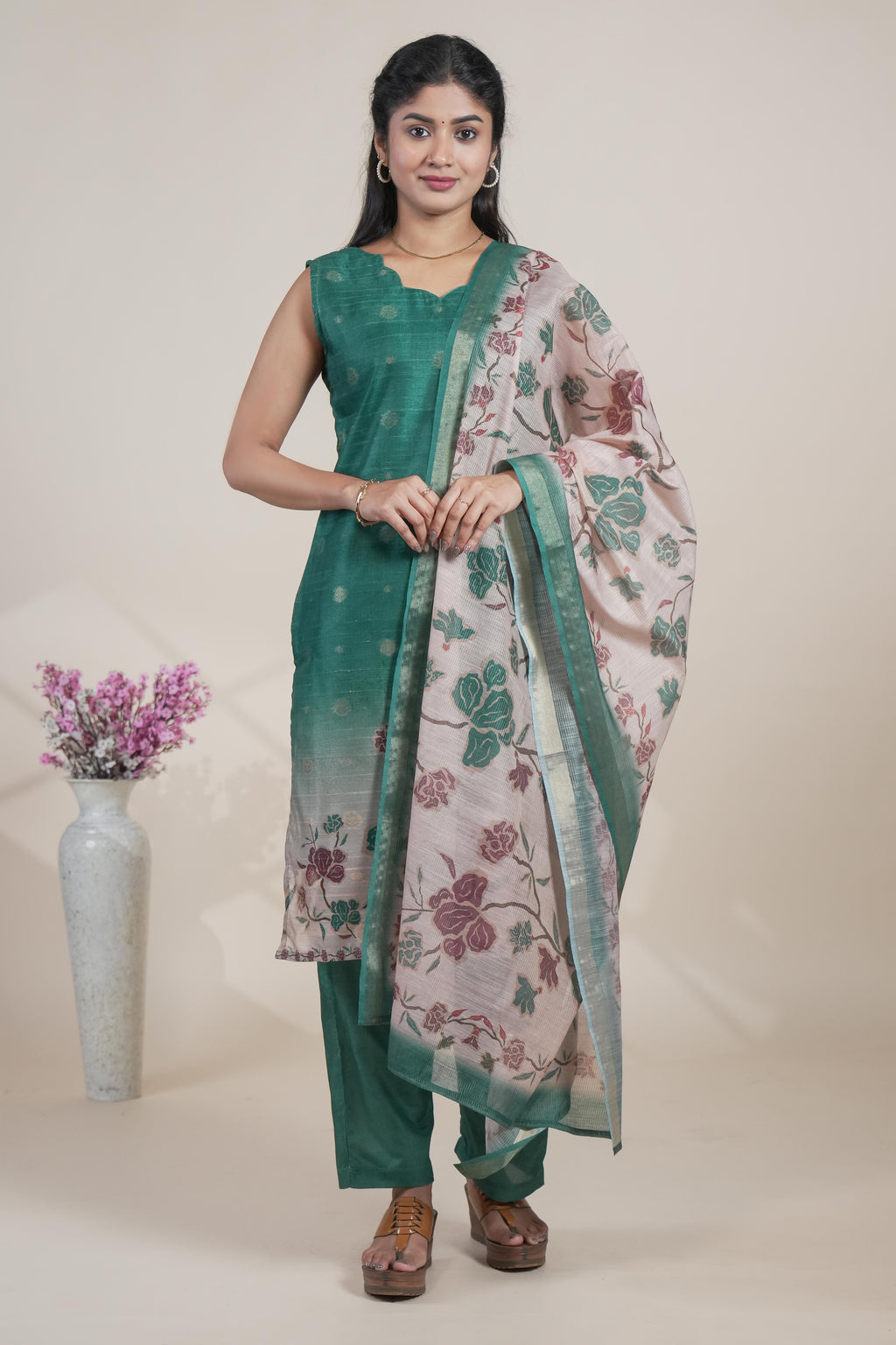 Elegant Emerald Green Suit Set with Floral Printed Dupatta