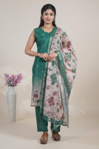 Elegant Emerald Green Suit Set with Floral Printed Dupatta