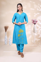 Vibrant Turquoise Blue Floral Embroidered Kurta 3 Piece Set
