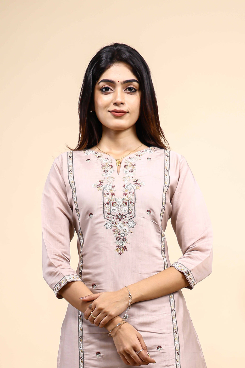Elegant Dusty Pink Embroidered Straight Kurta with Pants 2 Piece Set