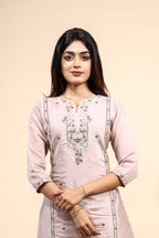 Elegant Dusty Pink Embroidered Straight Kurta with Pants 2 Piece Set