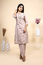 Elegant Dusty Pink Embroidered Straight Kurta with Pants 2 Piece Set