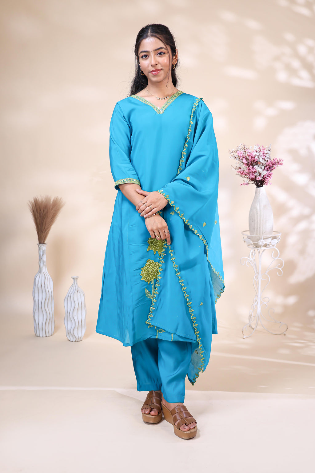 Vibrant Turquoise Blue Floral Embroidered Kurta 3 Piece Set