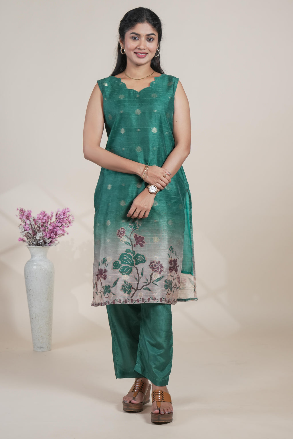 Elegant Emerald Green Suit Set with Floral Printed Dupatta