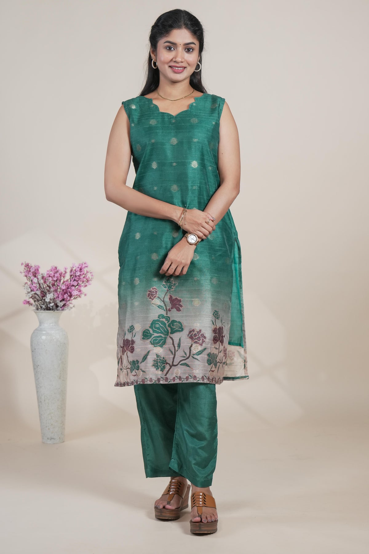Elegant Emerald Green Suit Set with Floral Printed Dupatta
