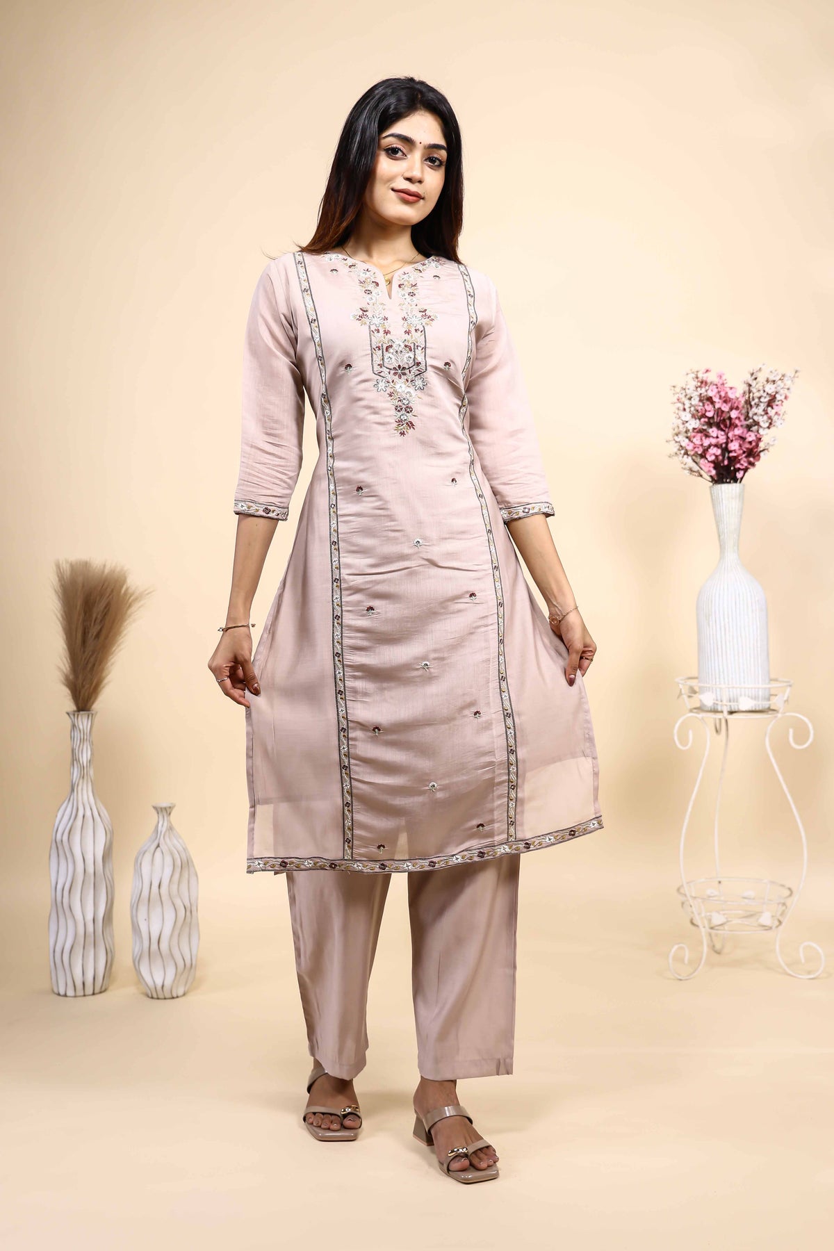 Elegant Dusty Pink Embroidered Straight Kurta with Pants 2 Piece Set