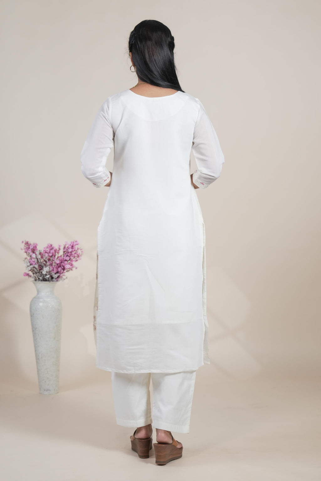 Elegant White Embroidered Straight Kurta Set with Pastel Pink Dupatta