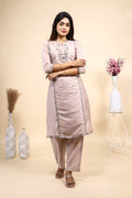 Elegant Dusty Pink Embroidered Straight Kurta with Pants 2 Piece Set