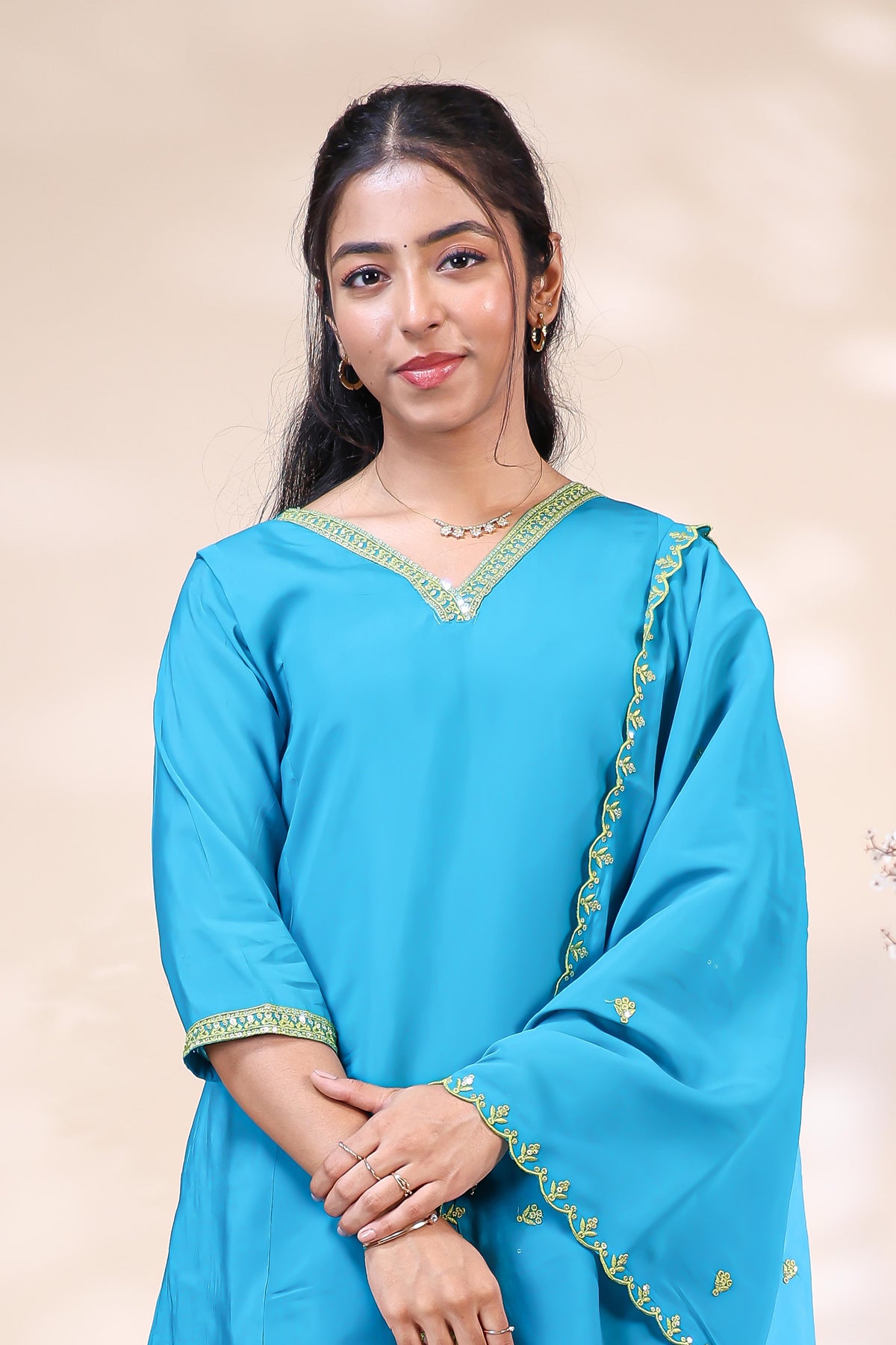 Vibrant Turquoise Blue Floral Embroidered Kurta 3 Piece Set