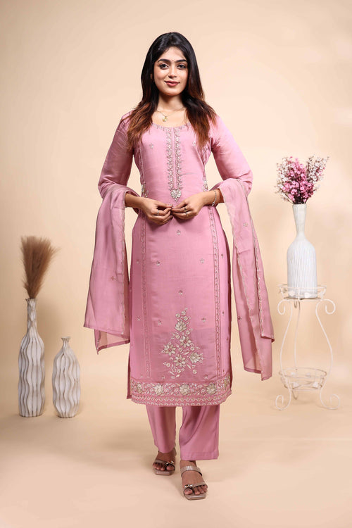 Elegant Dusty Pink Hand-Embroidered 3 piece Set with Dupatta