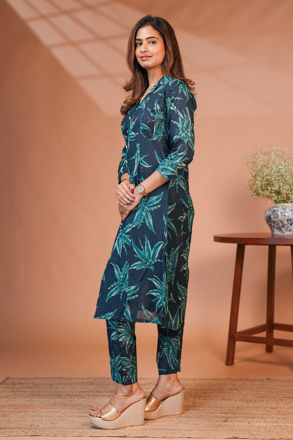 Beige Base With Dark Blue Blossom Design Flower Abstract Print