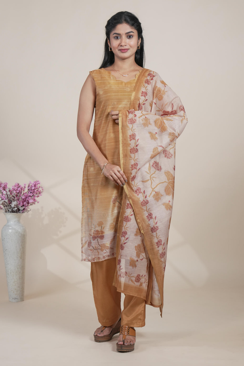Elegant Mustard Chanderi Silk Blend Set with Floral Print Dupatta
