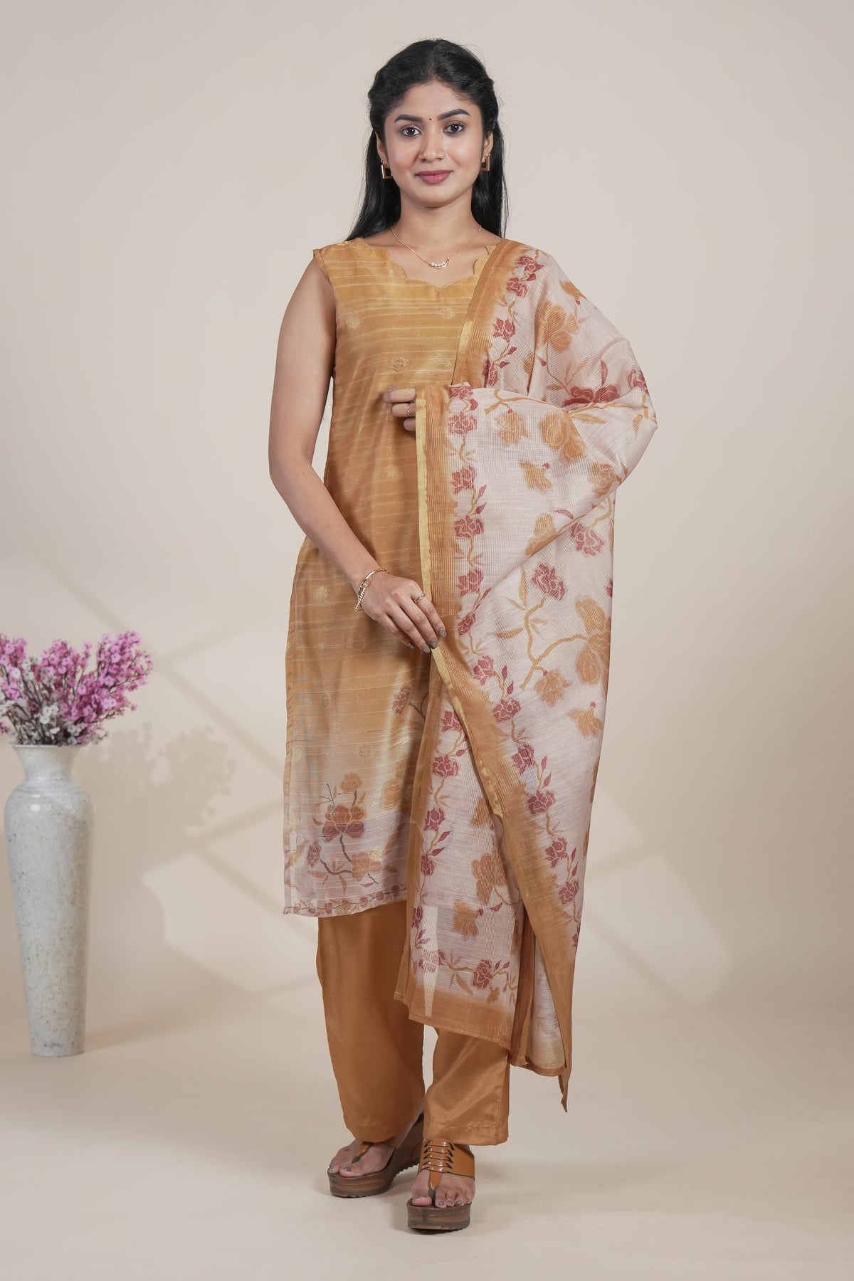 Elegant Mustard Chanderi Silk Blend Set with Floral Print Dupatta