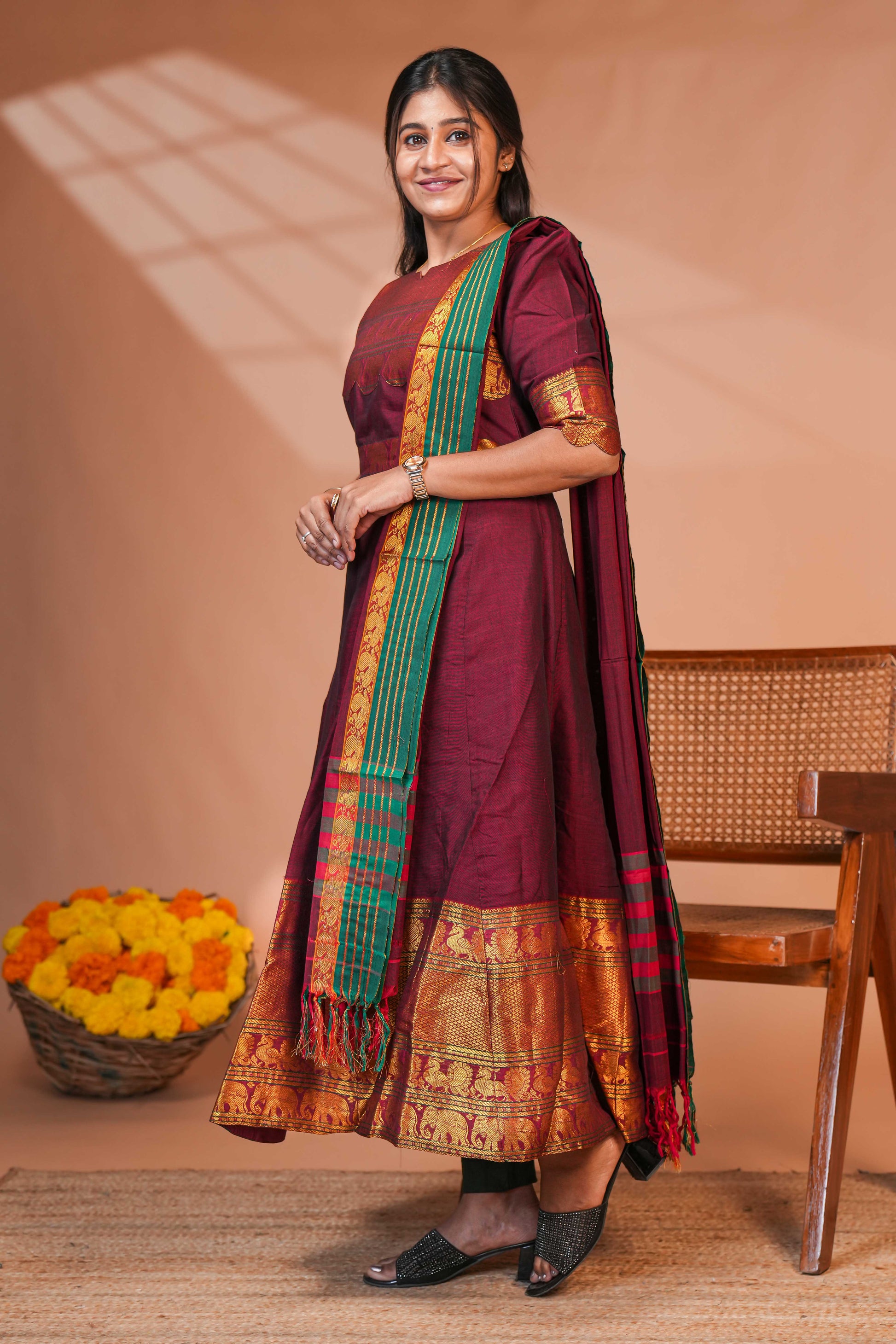 Traditional-inspired Anarkali-style kurta set with dupatta