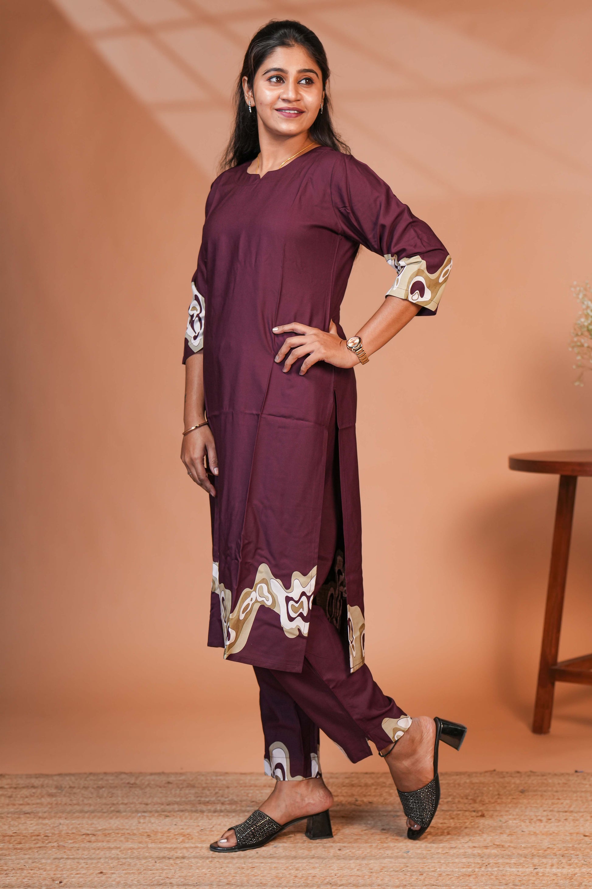 The Outfit Features a Rich Solid Wine-Maroon Base Colour Co- Ord set.