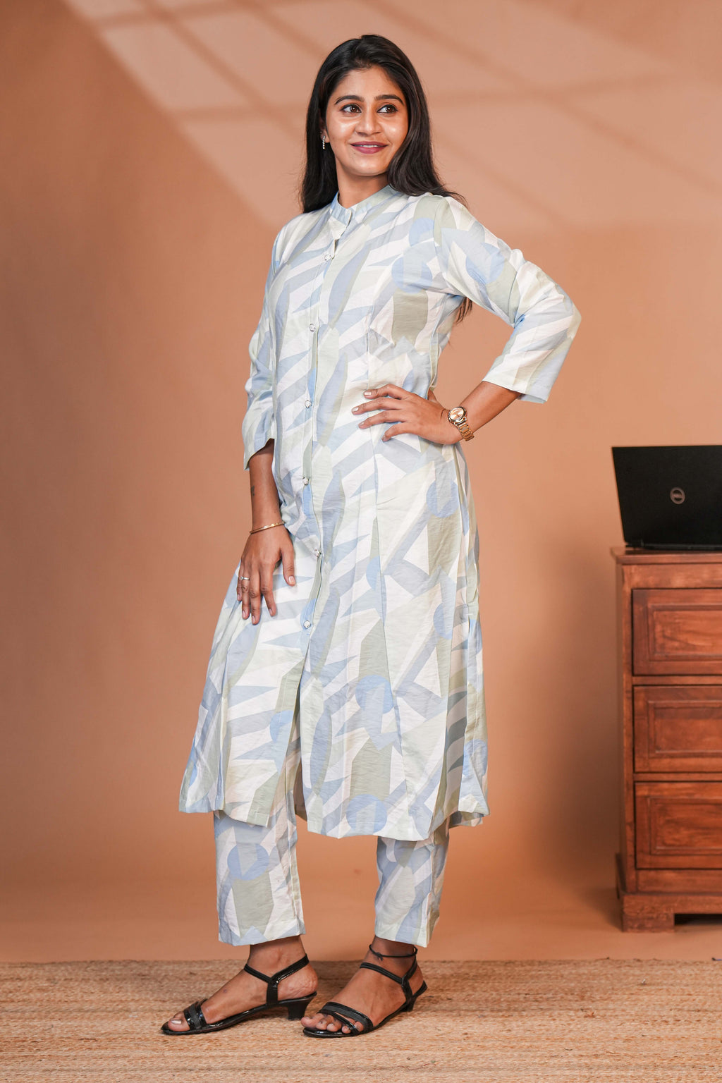 The Set is Anchored By a Longline, Shirt-Style Kurta That Features a Structured