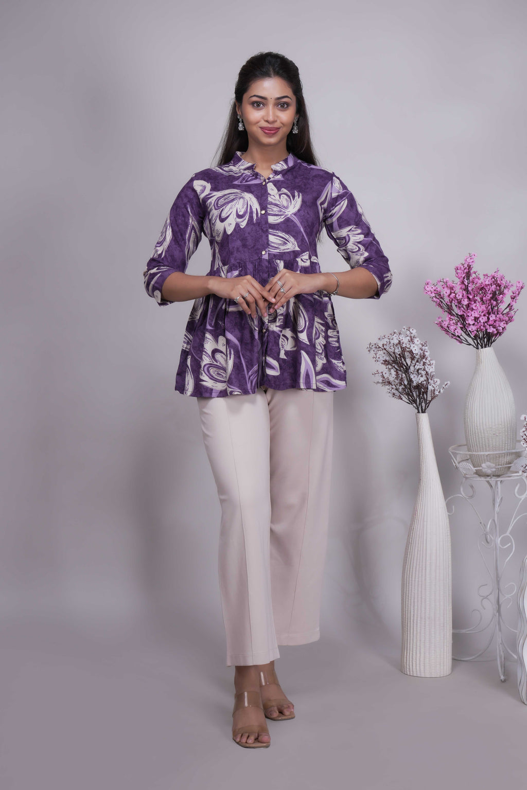 Women's Purple Floral Printed Peplum Tunic Top