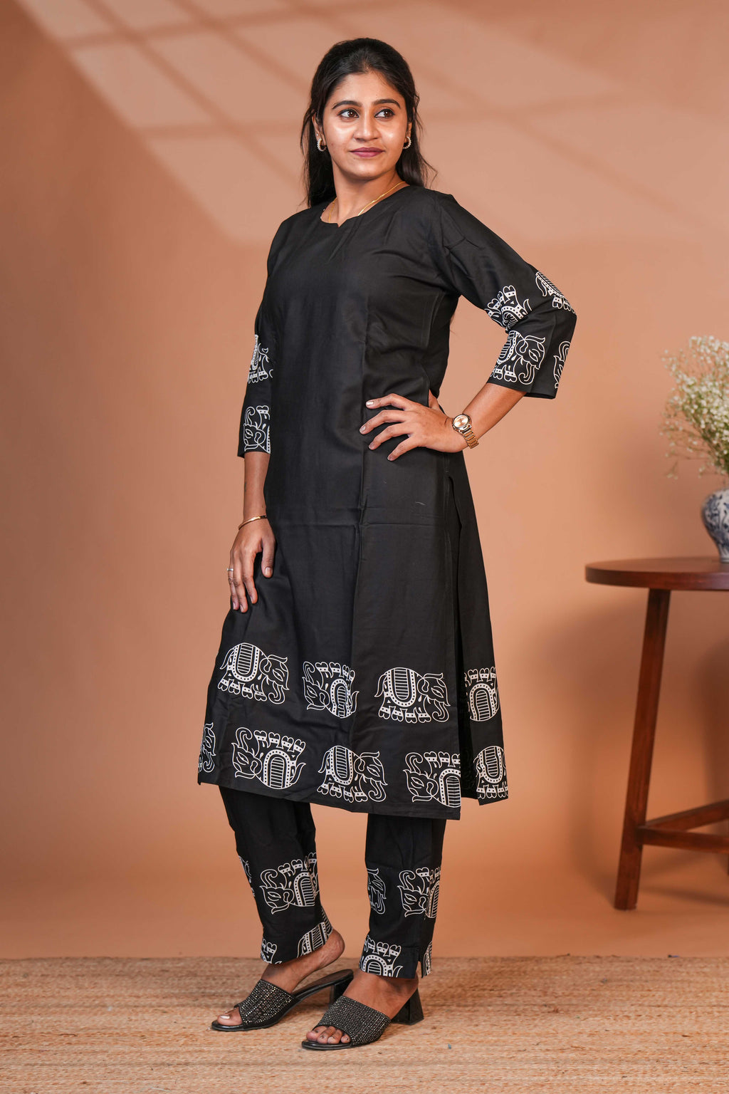 Black Co- Ord set With Ethnic Elephant Motifs