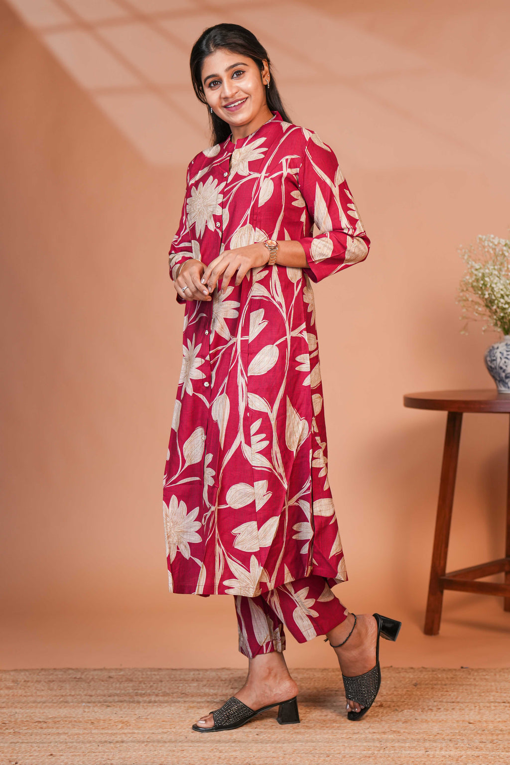 This Two-Piece Ethnic Dark Pink Flower Design  Co-Ord Set Aline Tops